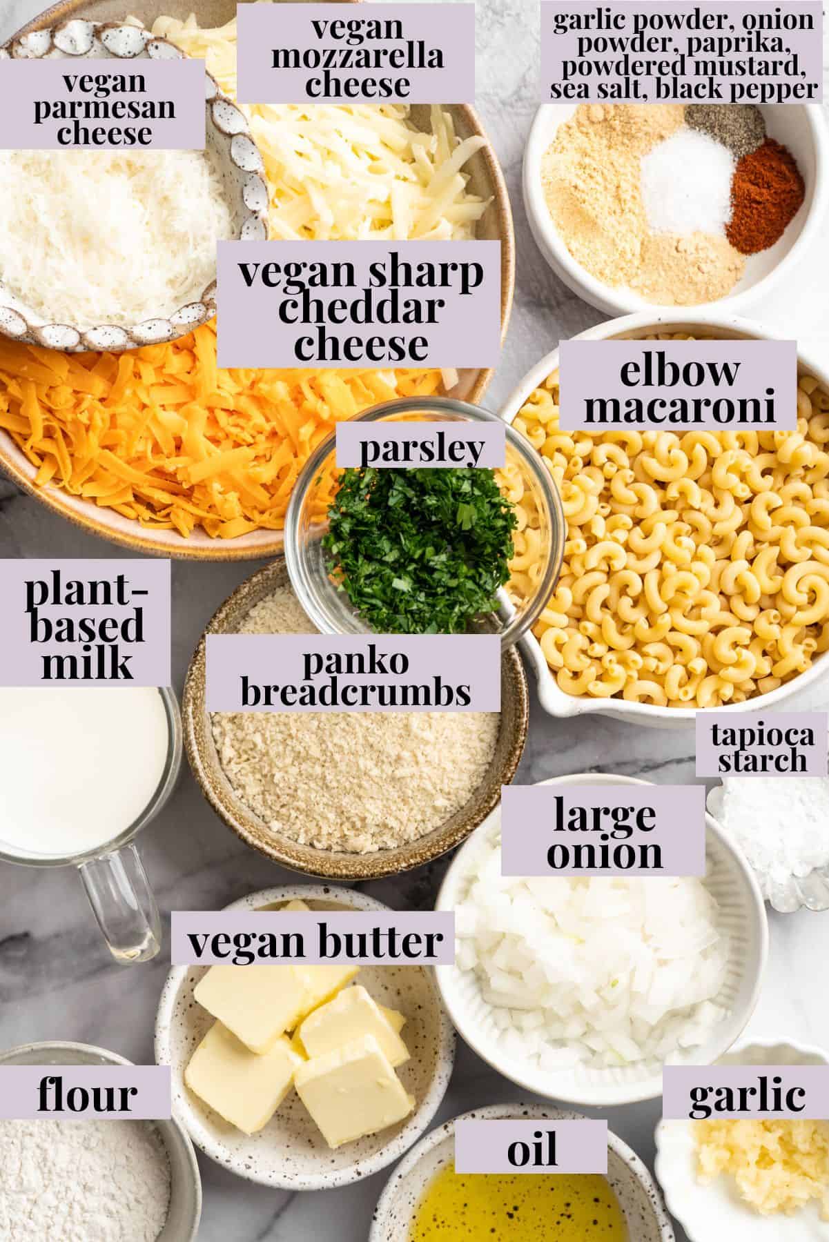 Ingredients for 3 cheese vegan mac and cheese.