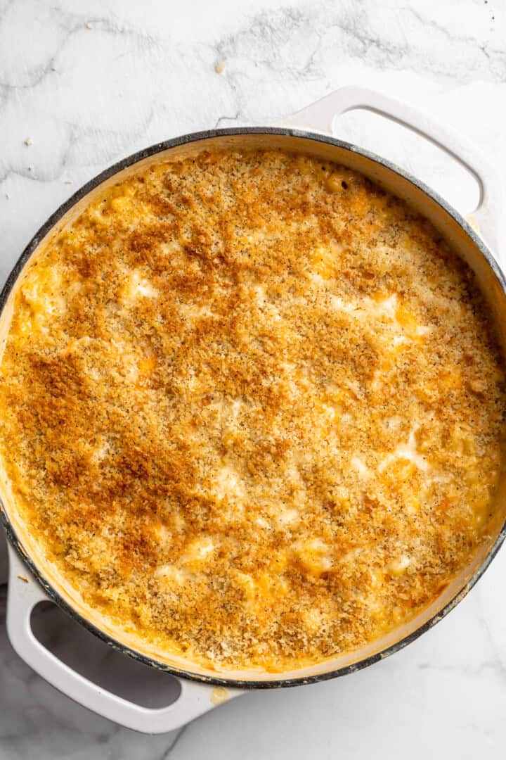 3 cheese vegan mac and cheese in skillet.