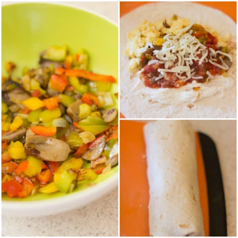 Montage of filling a breakfast burrito.