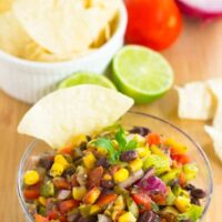 a bowl of black bean salsa.