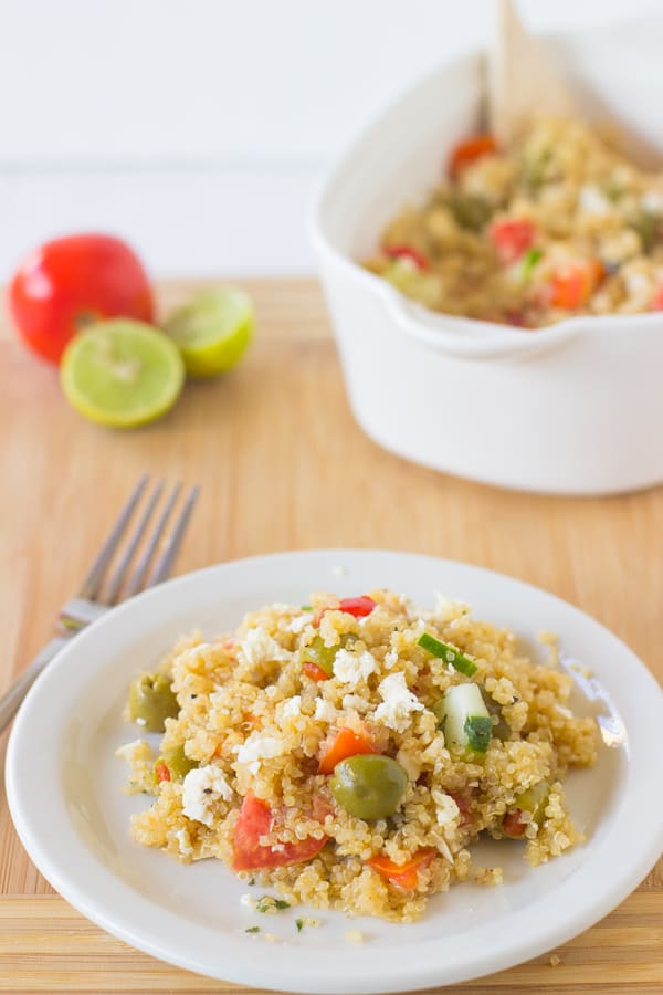 This Mediterranean Quinoa Salad is a quick and easy protein packed quinoa salad loaded with cucumbers, olives, feta cheese and delicious juicy tomatoes! It's all ready in under 30 minutes-4