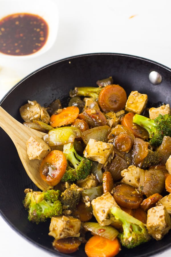 Tofu Stir-Fry in a black skillet.