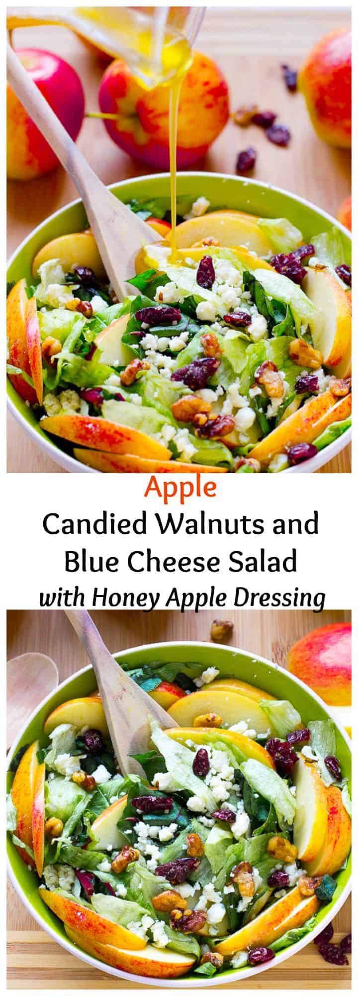 This Apple Candied Walnuts and Blue Cheese Salad with Honey Apple Dressing is filled with fall flavours, sweet and crunchy and healthy!