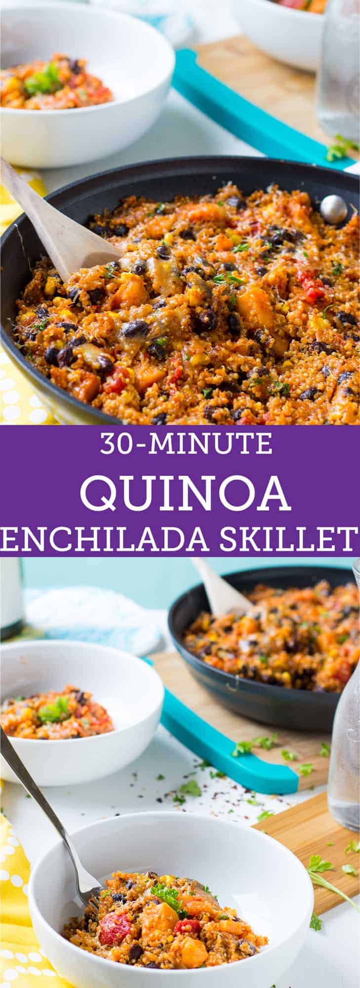This entire quinoa enchilada skillet is done from start to finish in 30 minutes in ONE pot! It's a healthy, nutritious & flavorful family-friendly dish!