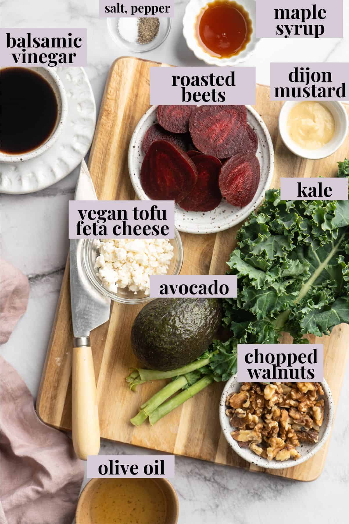 This beet feta salad pairs tender roasted beets and tangy vegan feta, along with a zippy maple mustard vinaigrette. Delicious and easy! Overhead view of ingredients for beet feta salad