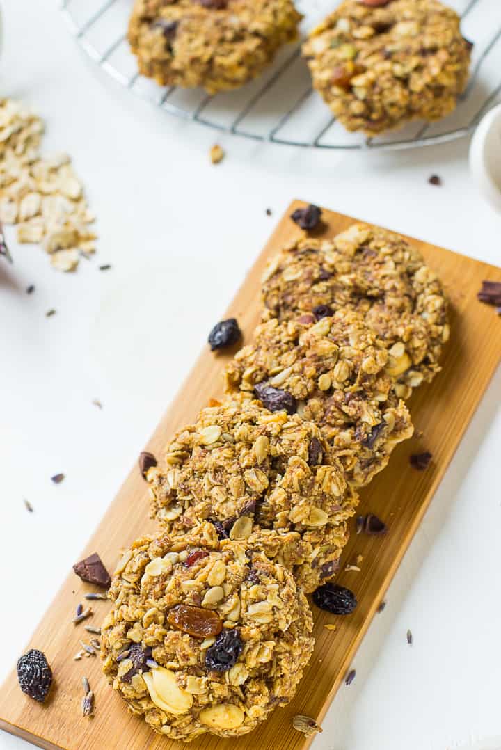 Overhead shot of breakfast cookies on a wood board. 