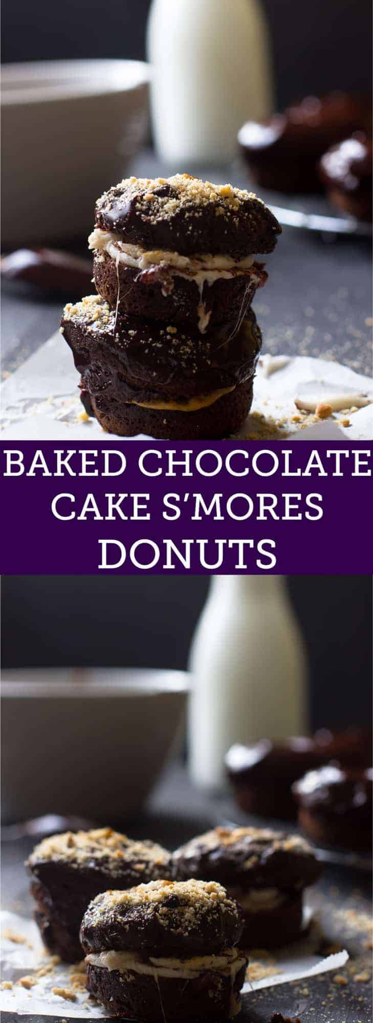 These Baked Chocolate Cake S'mores Donuts are a delicious gluten free chocolate donut sandwich with a toasted melty marshmallow and topped with a delicious chocolate glaze.
