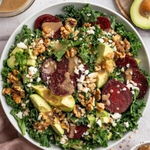 Overhead view of vegan beet feta salad in bowl