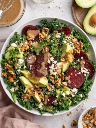 Overhead view of vegan beet feta salad in bowl