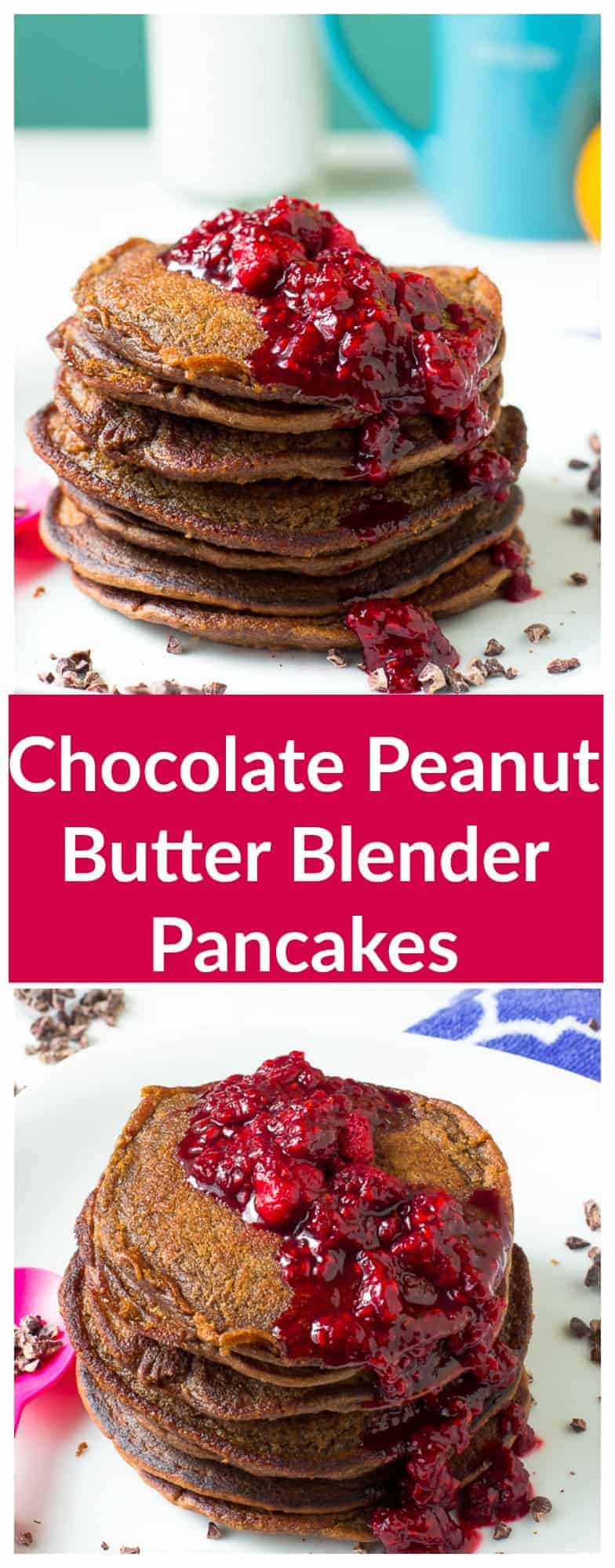 These Chocolate Peanut Butter Blender Pancakes are made in just 30 minutes! It's gluten free, vegan and topped with a delicious raspberry compote.