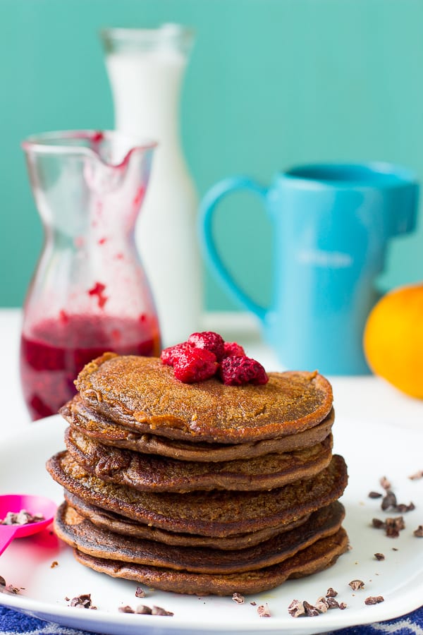 A pile of chocolate peanut butter pancakes.