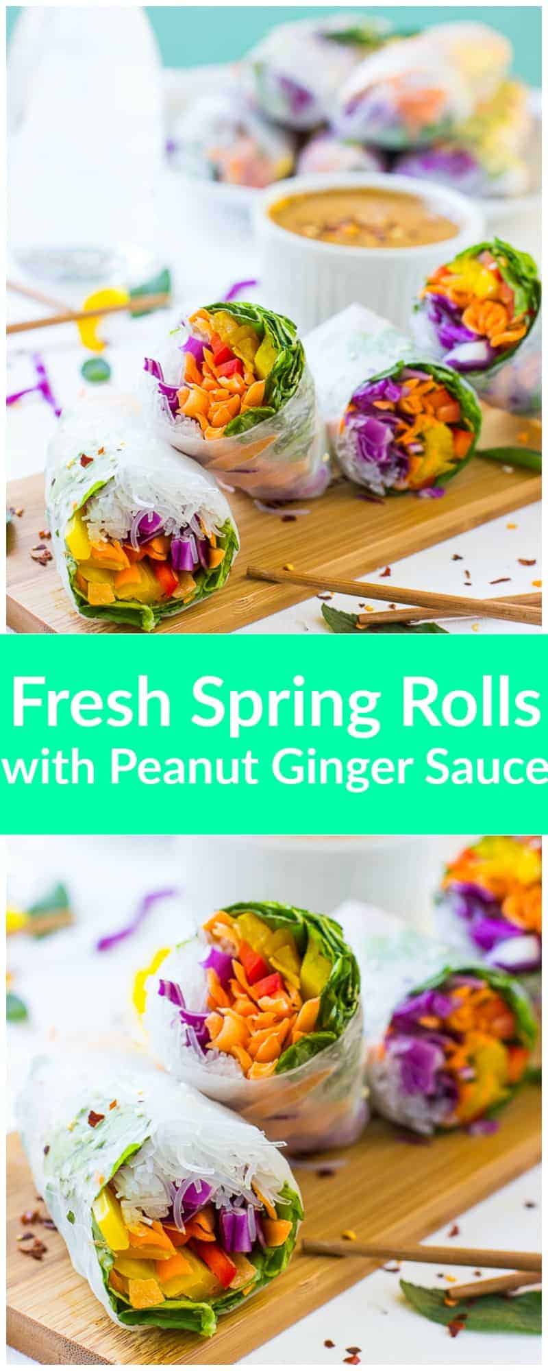 These Fresh Spring Rolls are a colorful, crunchy vegan meal that are perfect for a light lunch, dinner or appetizer! They are served with an amazing Peanut Ginger Sauce and are gluten free!
