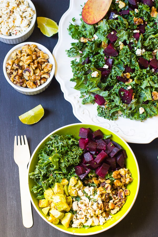 Overhead shot of roasted beet feta salad in a green bowl and on a big dish. 