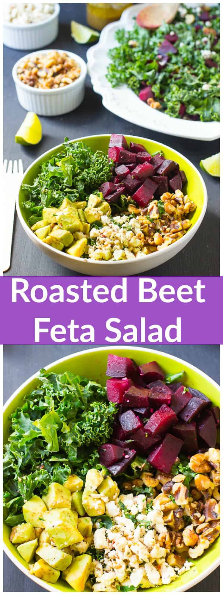 This Roasted Beet Feta Salad is a quick, creamy and delicious salad that can easily serve a crowd. It’s served with a sweet and tangy honey mustard vinaigrette!
