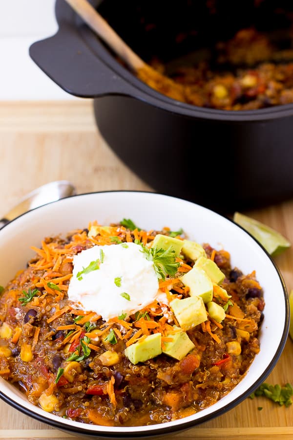 Side on shot of vegan sweet potato and black bean quinoa chili.