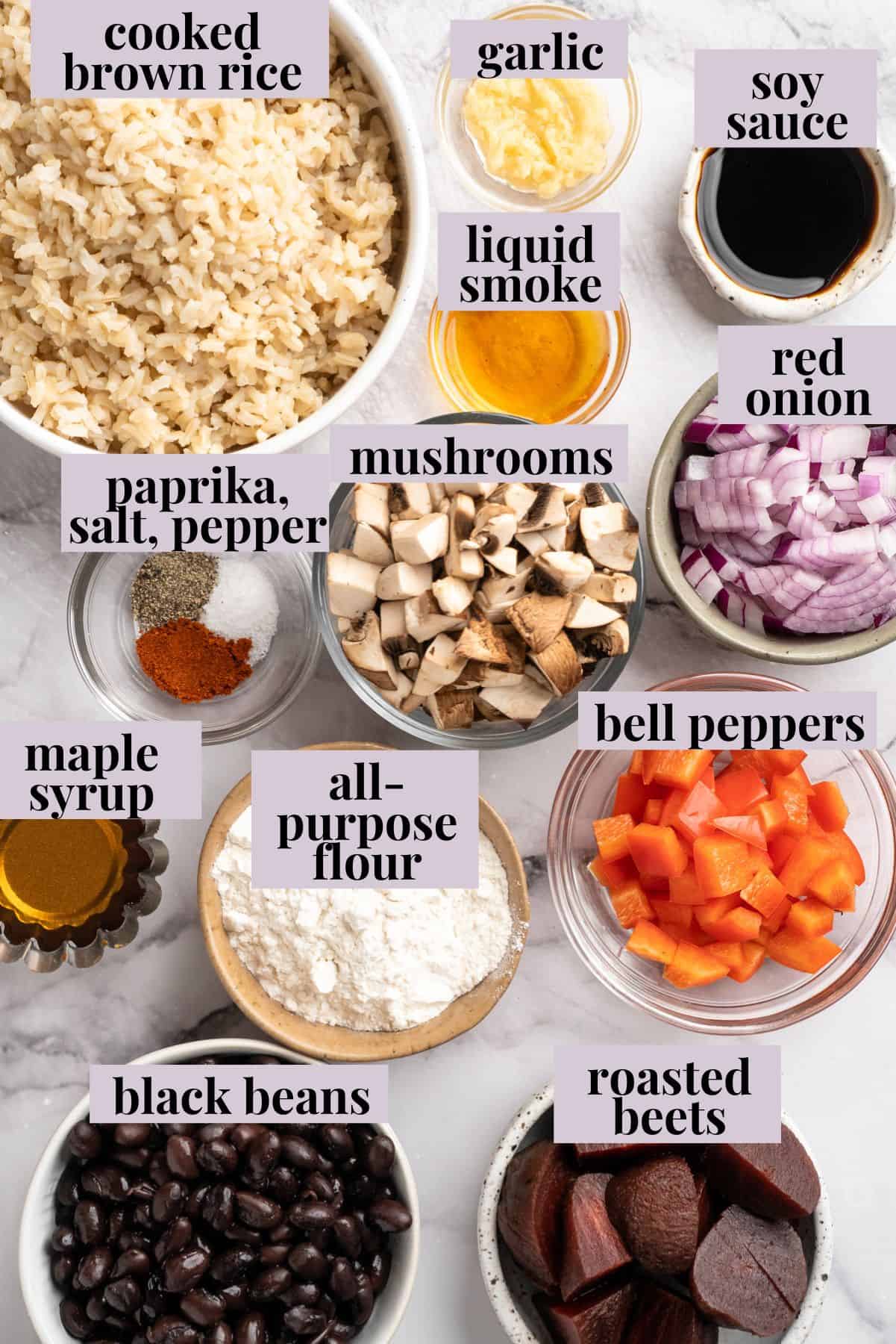 Ingredients for beet burgers with labels.