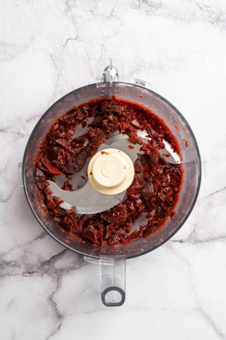 Chopped beets in food processor.