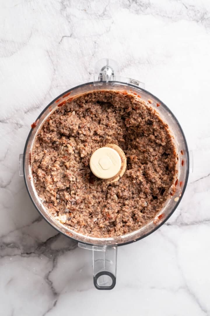 Beet burger mixture in food processor bowl.
