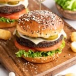 Beet burger on wooden board.