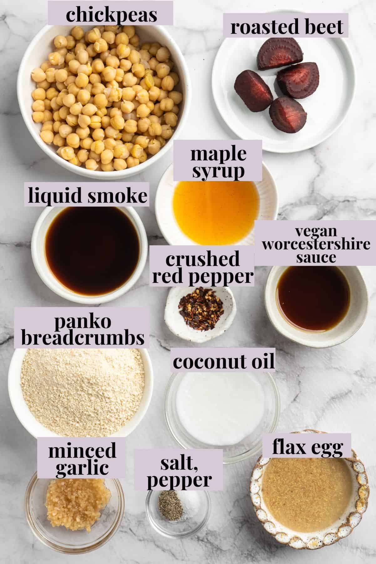 Overhead view of ingredients for chickpea and beet vegetarian meatballs