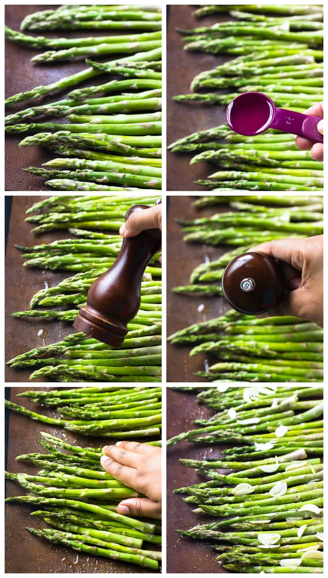 Montage of seasoning asparagus on a baking tray.