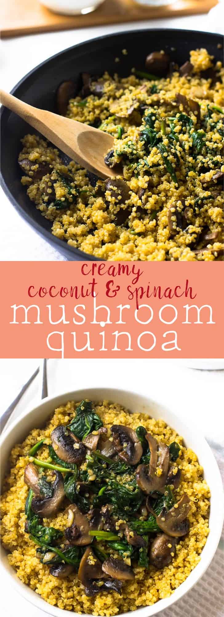 This Creamy Coconut Spinach and Mushroom Quinoa is a delicious 30 minute dish that is incredibly nutritious with 7 servings of vegetables! via https://jessicainthekitchen.com