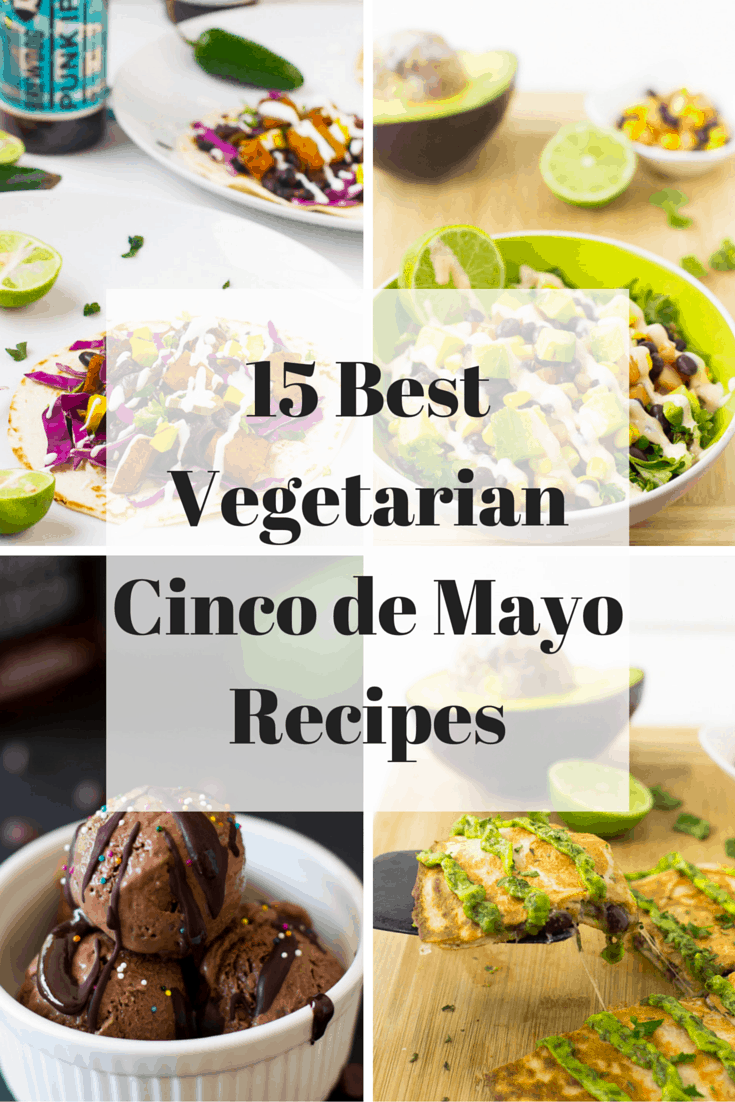 Montage of vegetarian cinco de mayo dishes. 