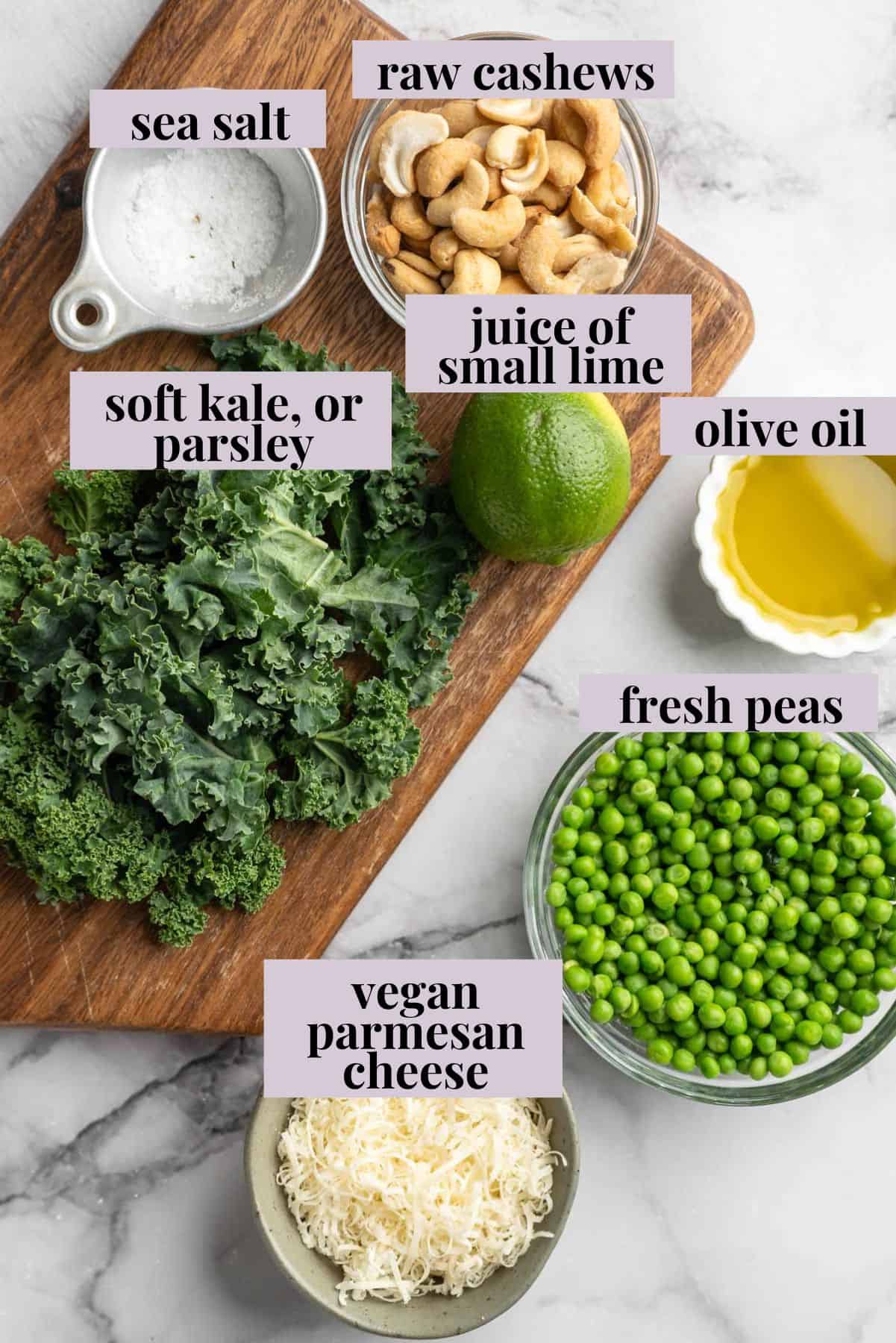 Ingredients for cashew pea pesto.