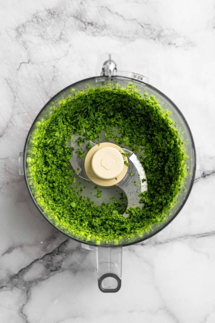 Peas and greens pulsed in food processor.