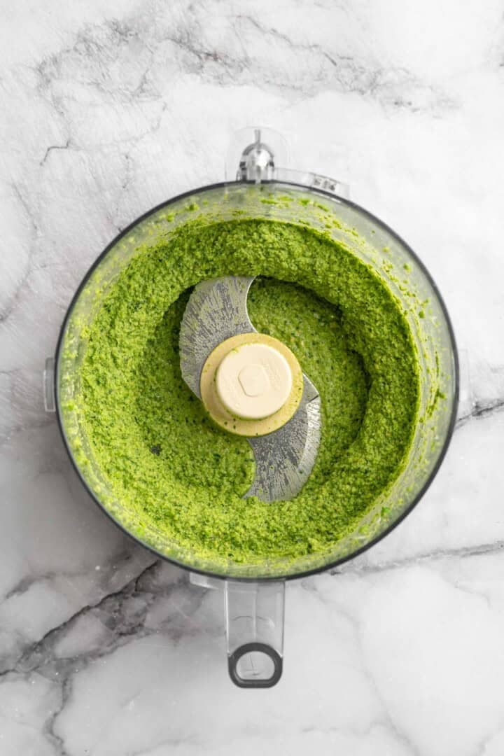 Cashew pea pesto in food processor.