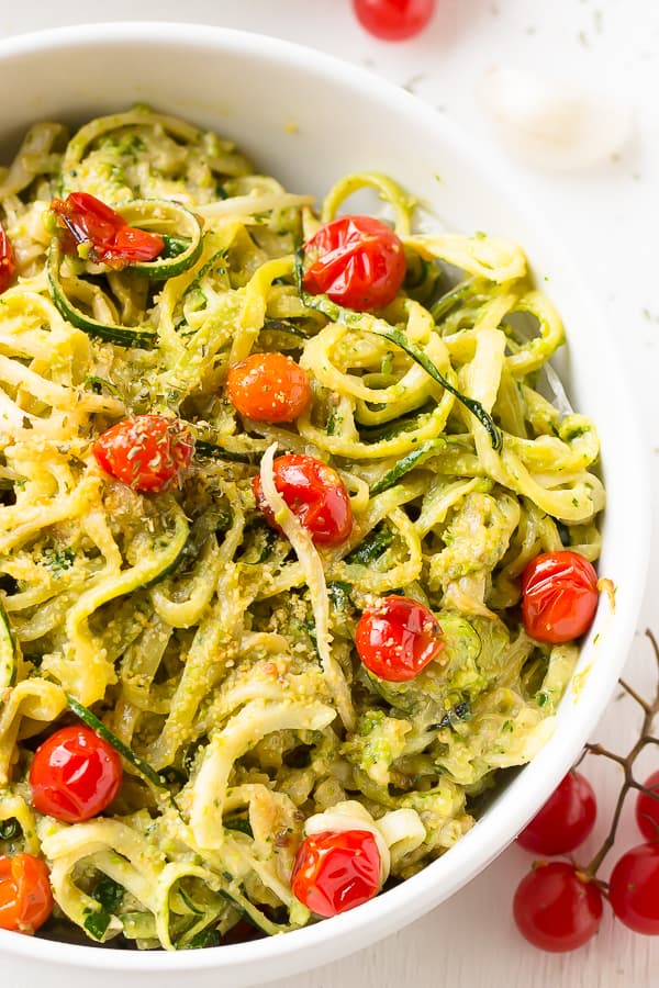 Pesto Zoodles & Tomato Salad - Chef Cindy