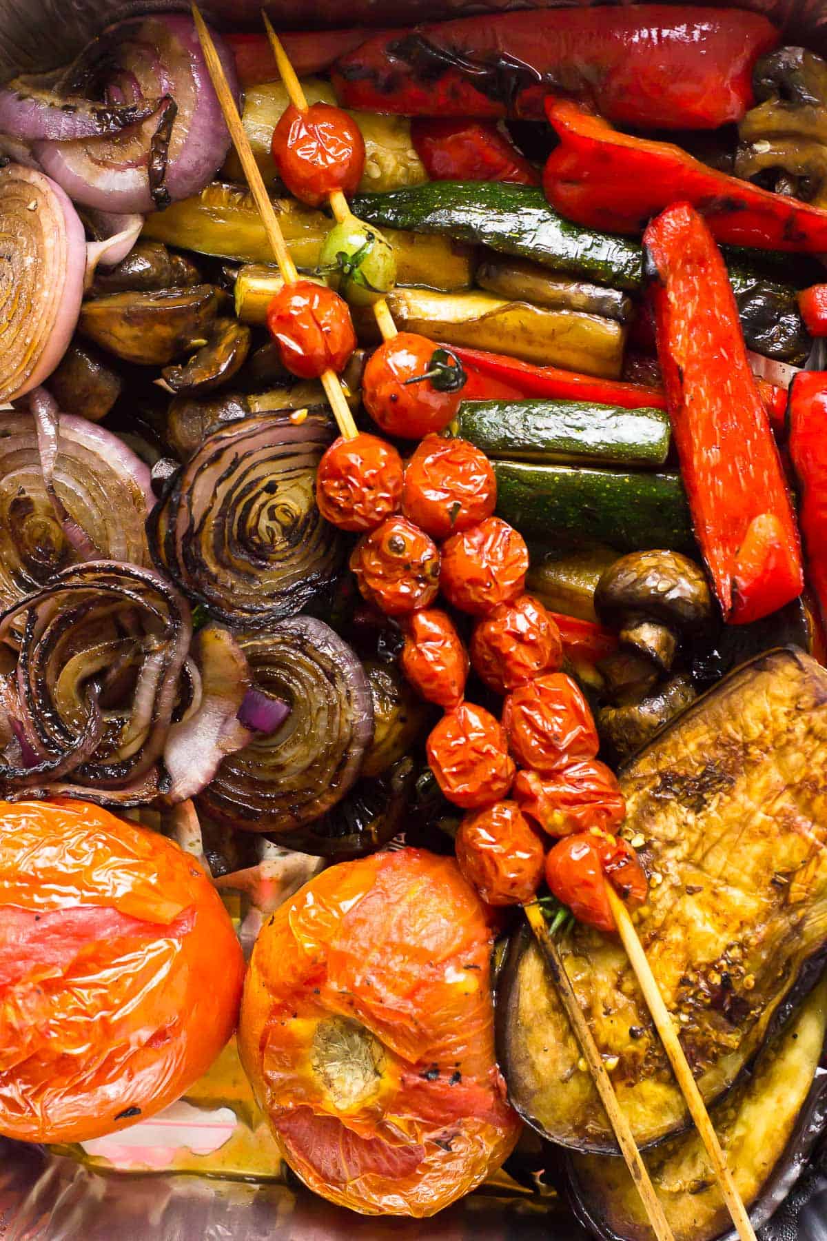 Top down view of balsamic grilled vegetables. 