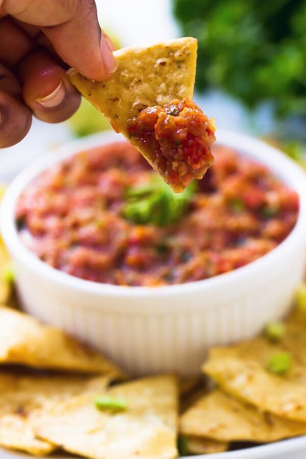 Hand holding salsa on a chip. 