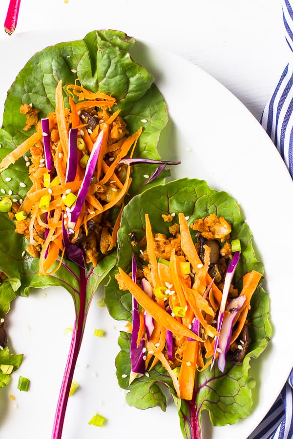 Overhead shot of Vegan asian swiss chard wraps on a white background. 