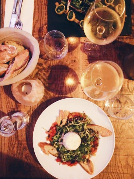 Overhead shot of plated up food in a restaurant. 