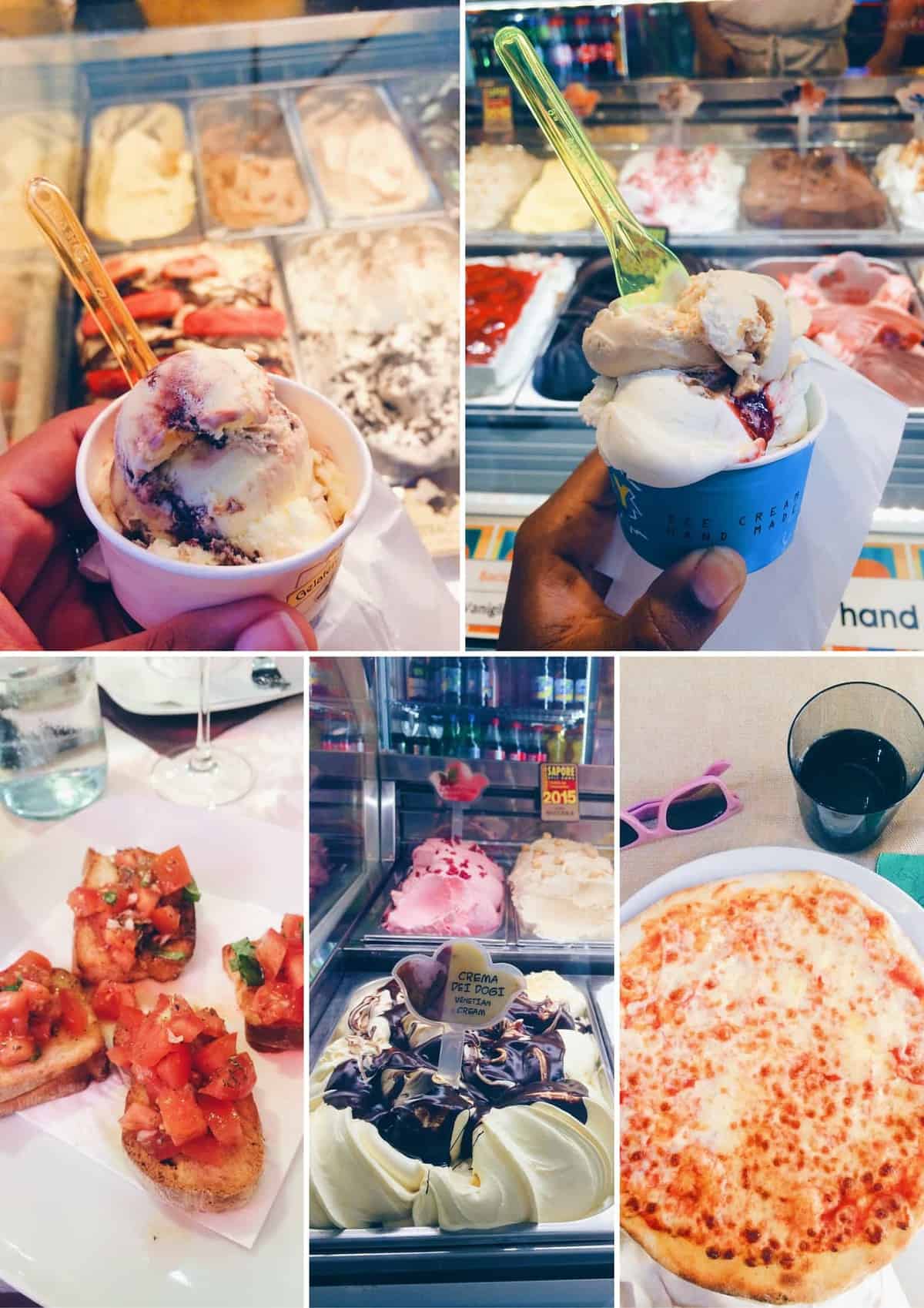 montage of ice cream and other food in venice. 