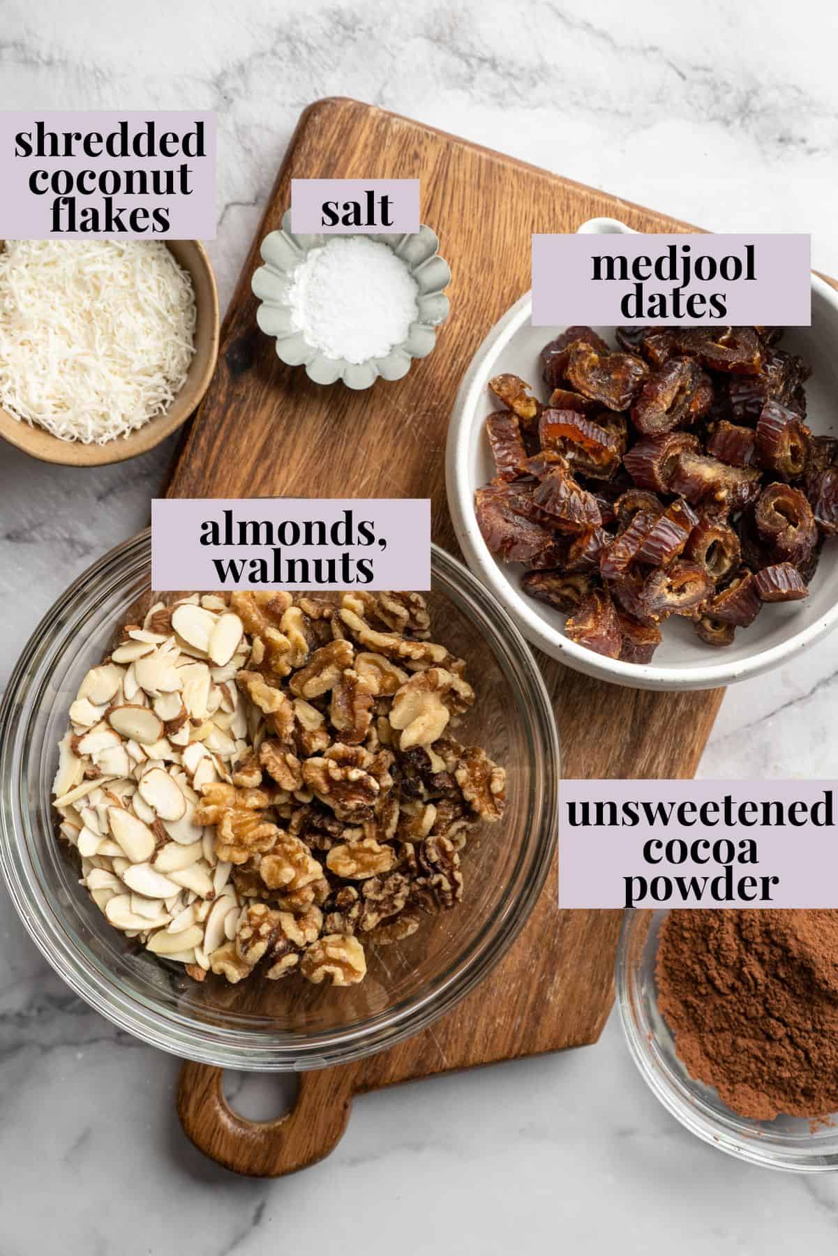 Ingredients for no bake brownie energy bites.