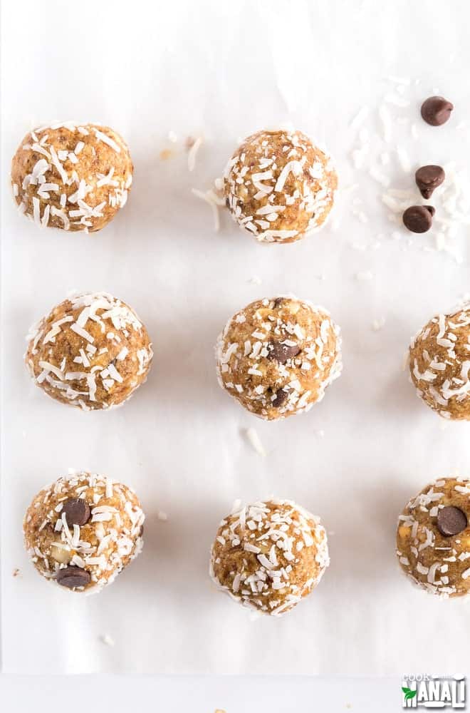 Overhead shot of no bake easy protein balls on parchment paper. 