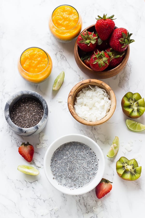 Ingredients for mango coconut chia seed pudding.