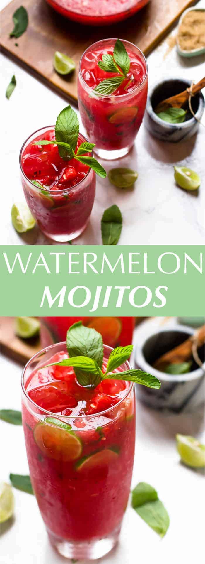 These Watermelon Mojitos are incredible easy to make, only 5 ingredients and are a perfect refreshing, minty summer cocktail!