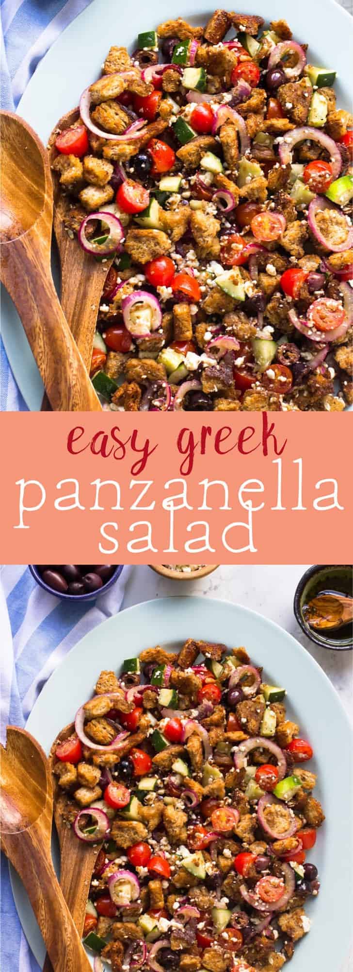 This Easy Greek Panzanella Salad can be made in just 25 minutes! You only need 7 ingredients and an EASY vinaigrette to make this delicious summer salad! | https://jessicainthekitchen.com