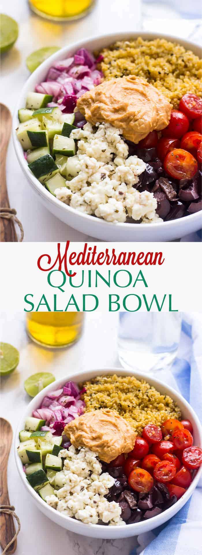 This Mediterranean Quinoa Salad Bowl is loaded with delicious and filling veggies, topped with creamy hummus and comes together in just 20 minutes!