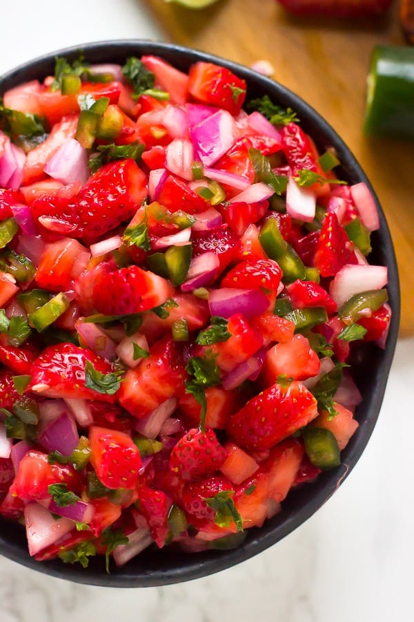 Overhead shot of strawberry jalapeno salsa in a bowl. 
