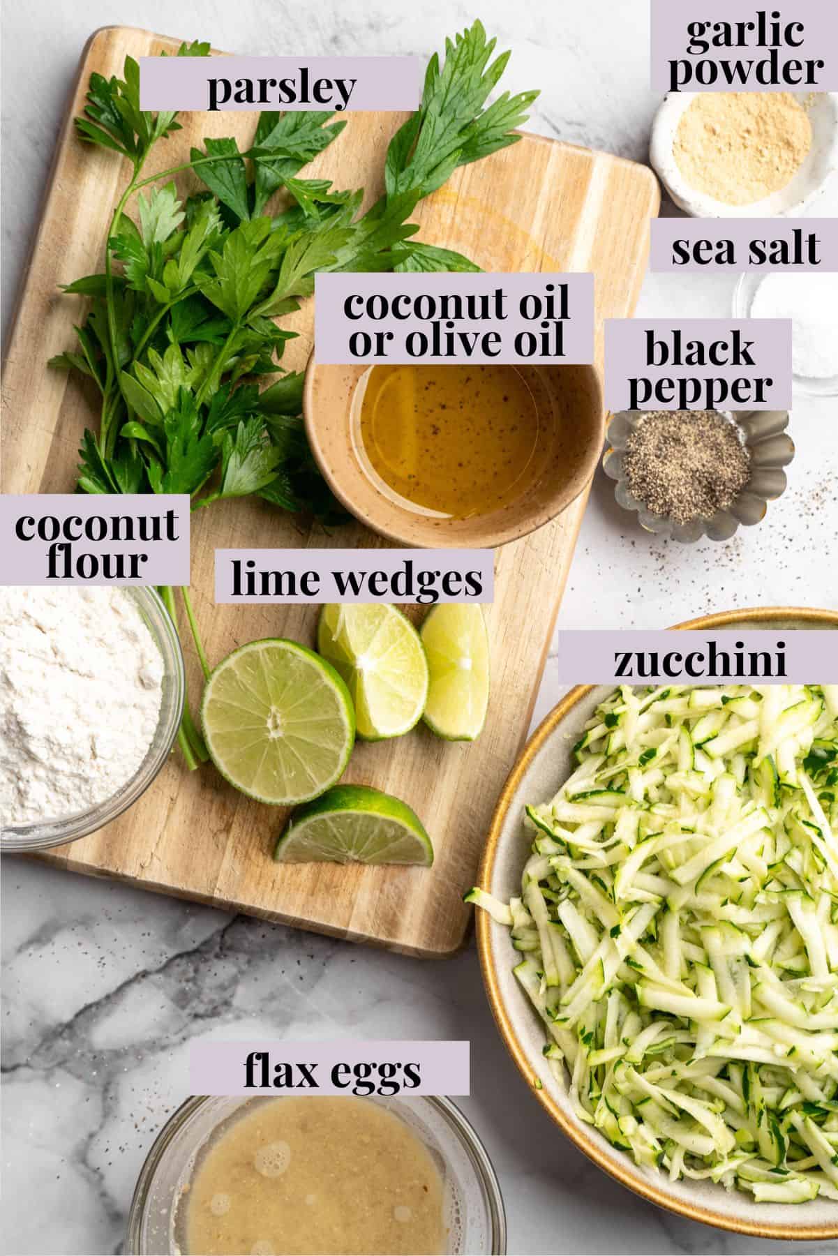 Ingredients for vegan zucchini fritters with labels. - 2