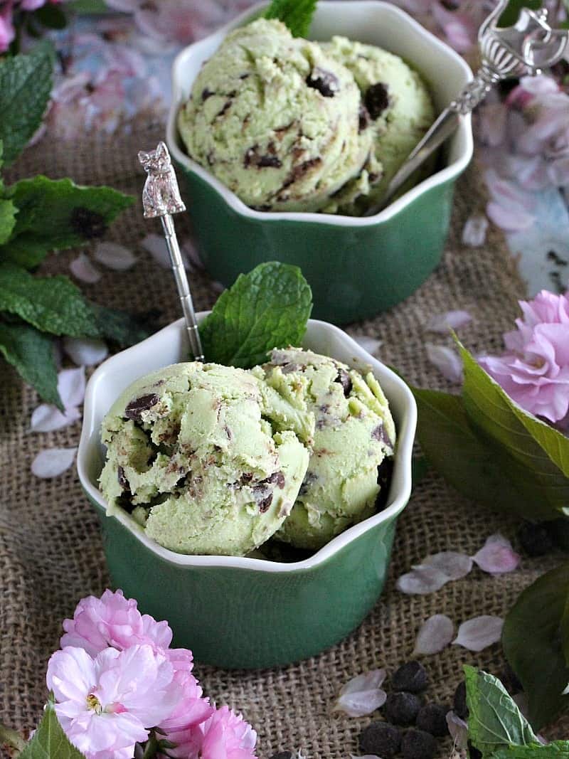 Mint chocolate chip avocado ice cream in green bowls. 