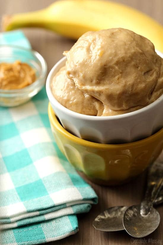 Scoops of peanut butter banana ice cream in a bowl. 
