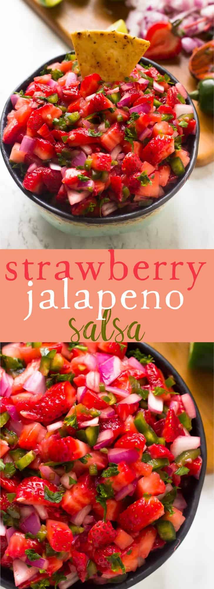 This Strawberry Jalapeno Salsa takes only 10 minutes with 5 ingredients! It's a delicious sweet and spicy salsa that is a total crowd pleaser and great for parties!