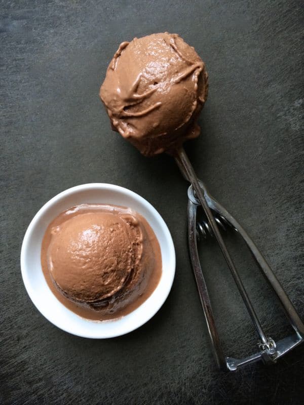 Vegan chocolate peanut butter ice cream in a white bowl and a scoop.