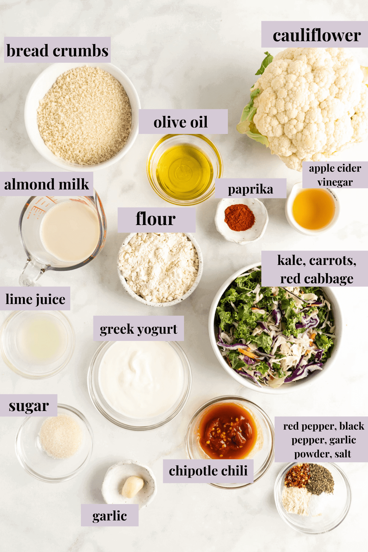 Overhead view of Crispy Cauliflower Taco ingredients