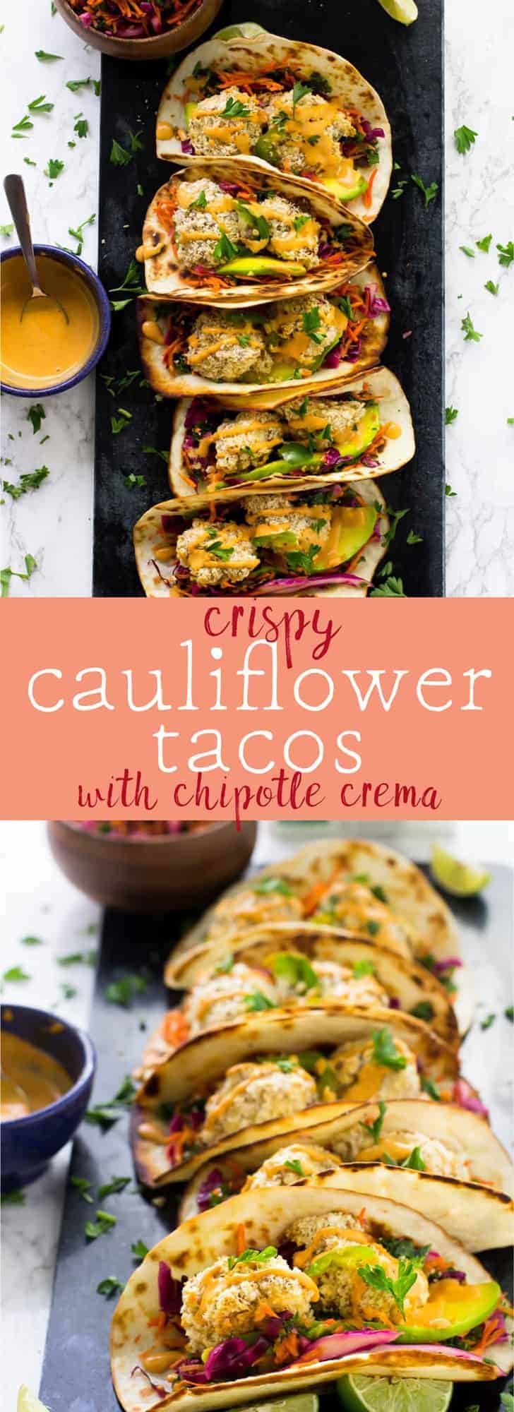 These Crispy Cauliflower Tacos with Chipotle Crema are packed with so much flavour! They are served with a kale cabbage slaw for an irresistible taco dish! via https://jessicainthekitchen.com